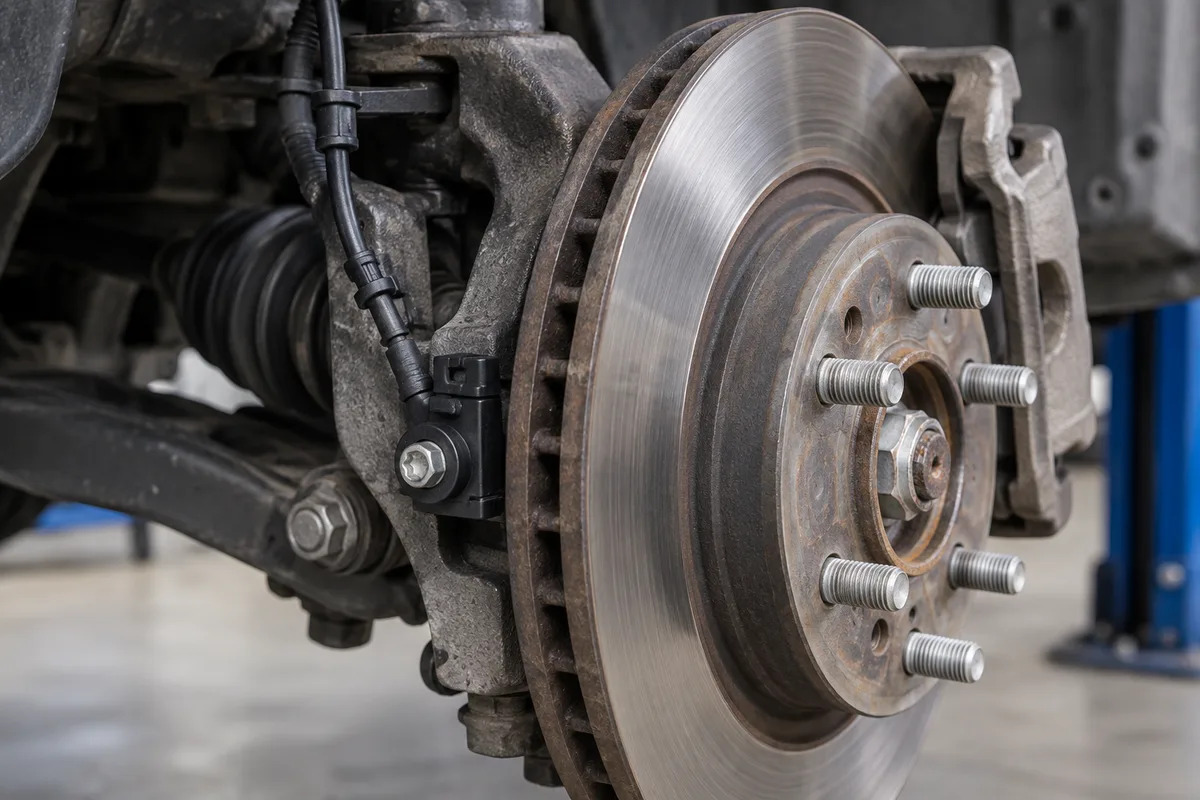 Un câble de capteur de roue près d’un disque de frein