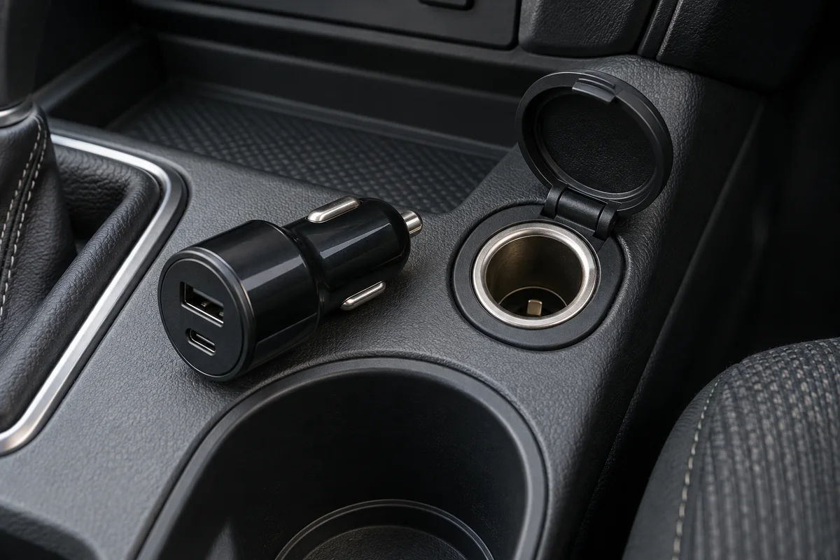 Un chargeur débranché près d’une prise accessoire vide dans une voiture