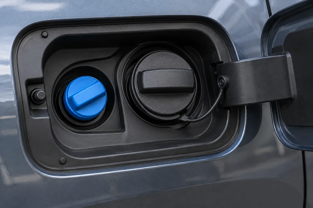Separate blue AdBlue and black fuel filler caps