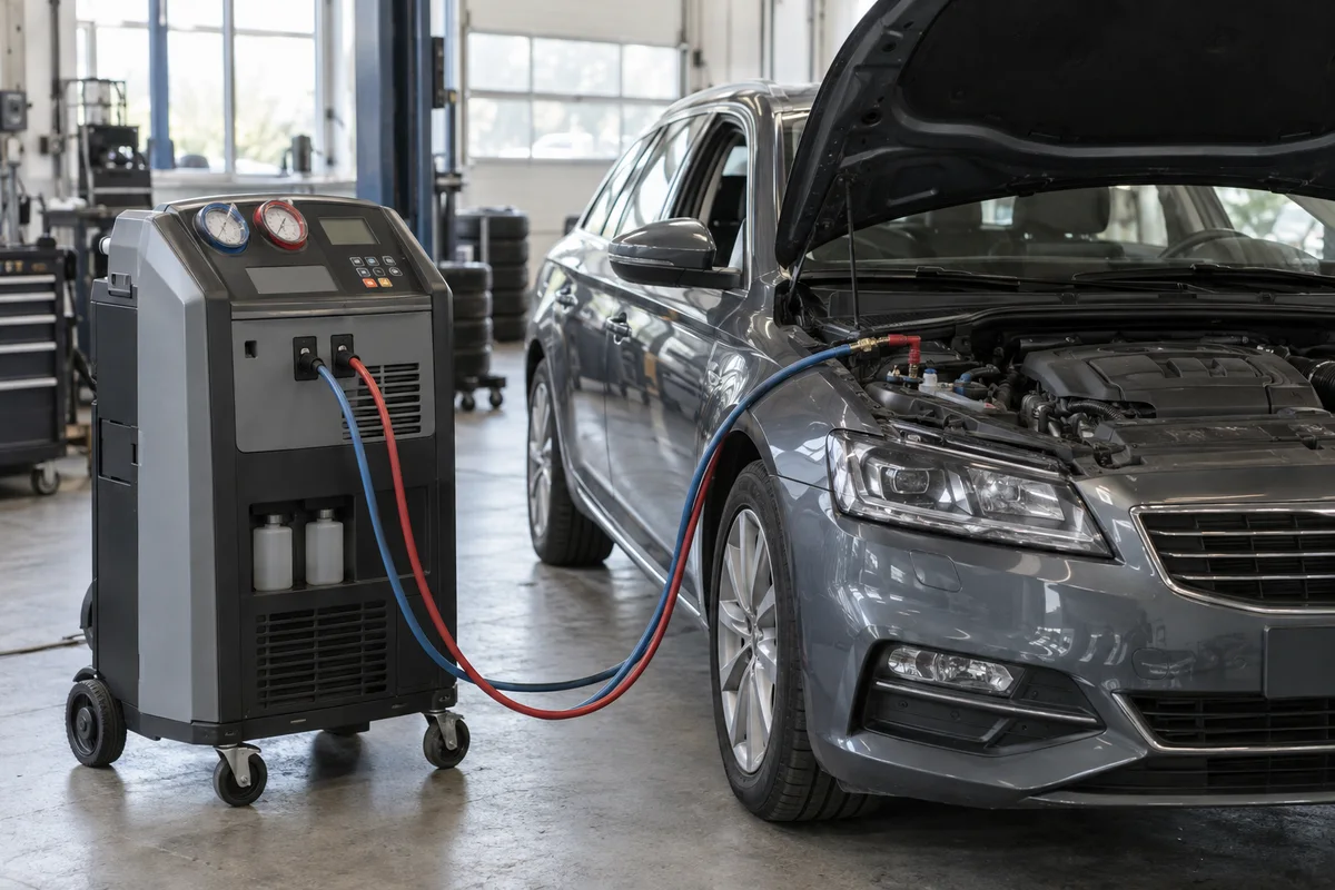 Un appareil d’entretien de climatisation près d’une voiture en atelier