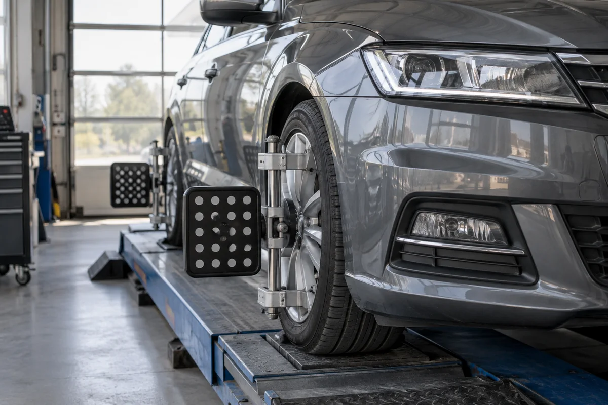 Des appareils de mesure de géométrie installés sur les roues d’une voiture.