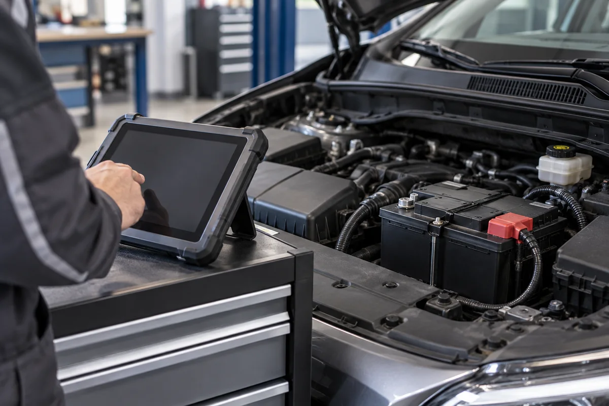 Une tablette de diagnostic à côté d’une batterie récemment installée