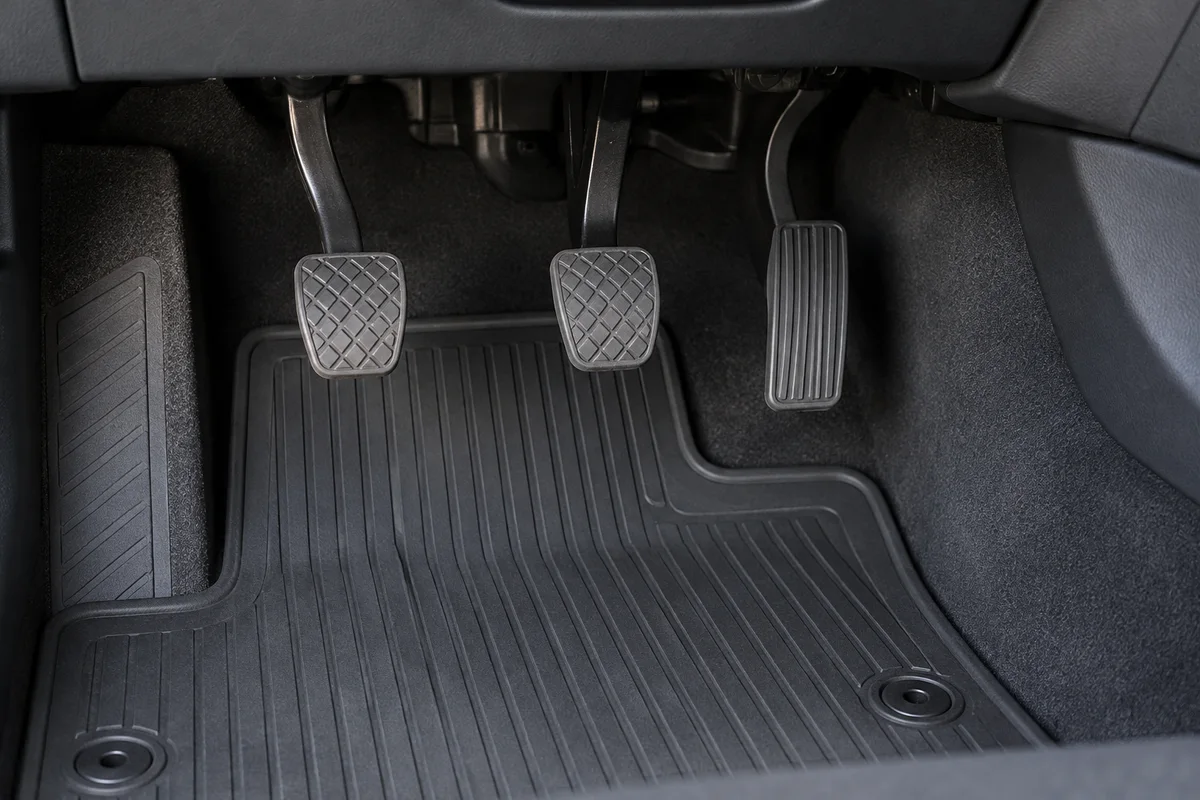 Trois pédales et un tapis fixé dans une voiture manuelle