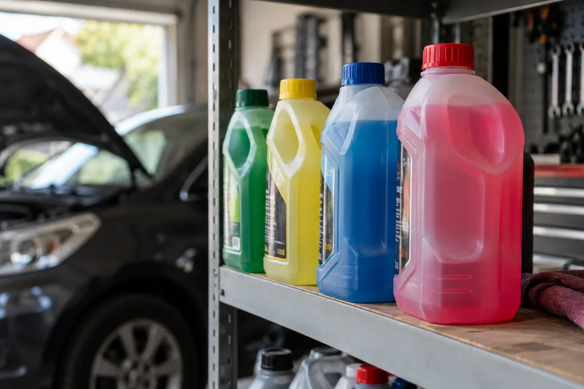 Des bidons de liquide de refroidissement sur une étagère
