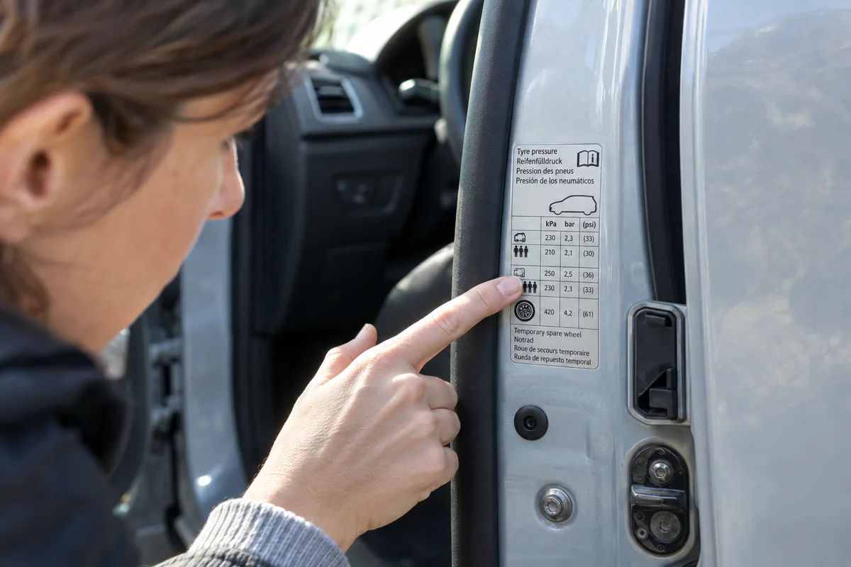 Une étiquette de pression des pneus dans une ouverture de porte