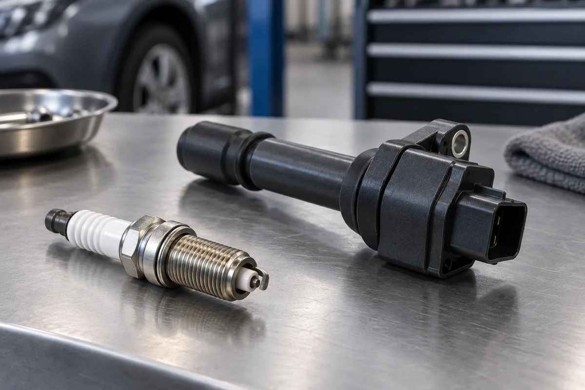 A spark plug and ignition coil on a workshop bench