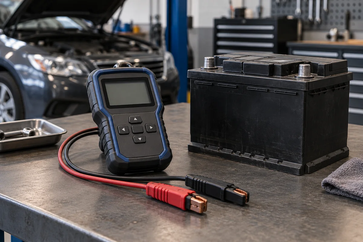 A battery tester beside a low-voltage battery