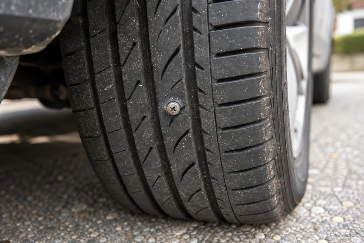 Une vis plantée dans la bande de roulement d’un pneu de voiture immobilisée.