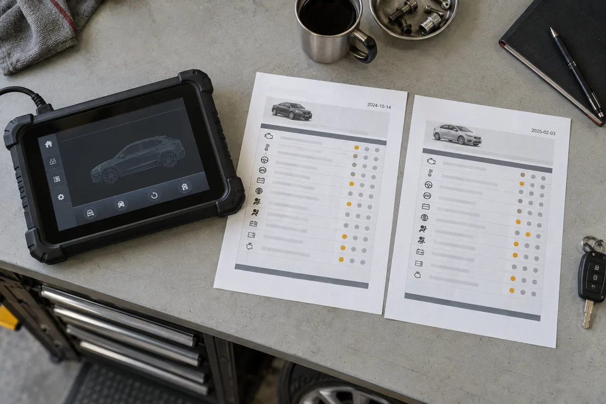 Diagnostic tablet beside two printed reports