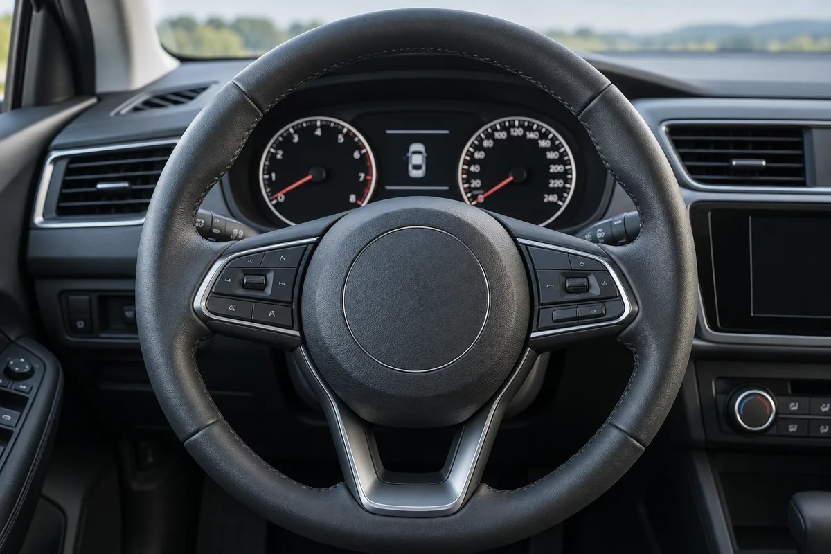 Un volant et sa colonne dans une voiture à l’arrêt