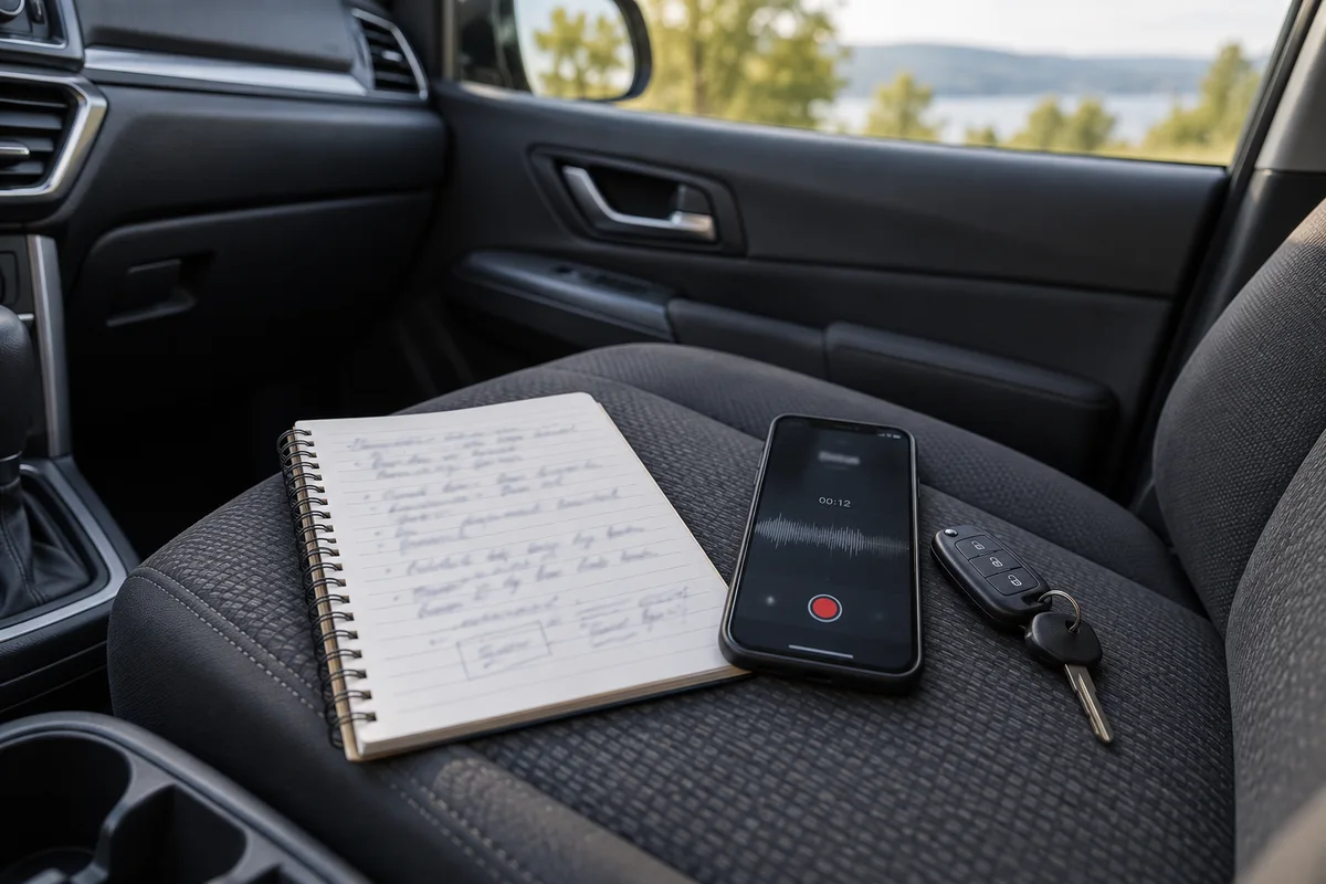 Un carnet, un téléphone et des clés de voiture sur un siège passager