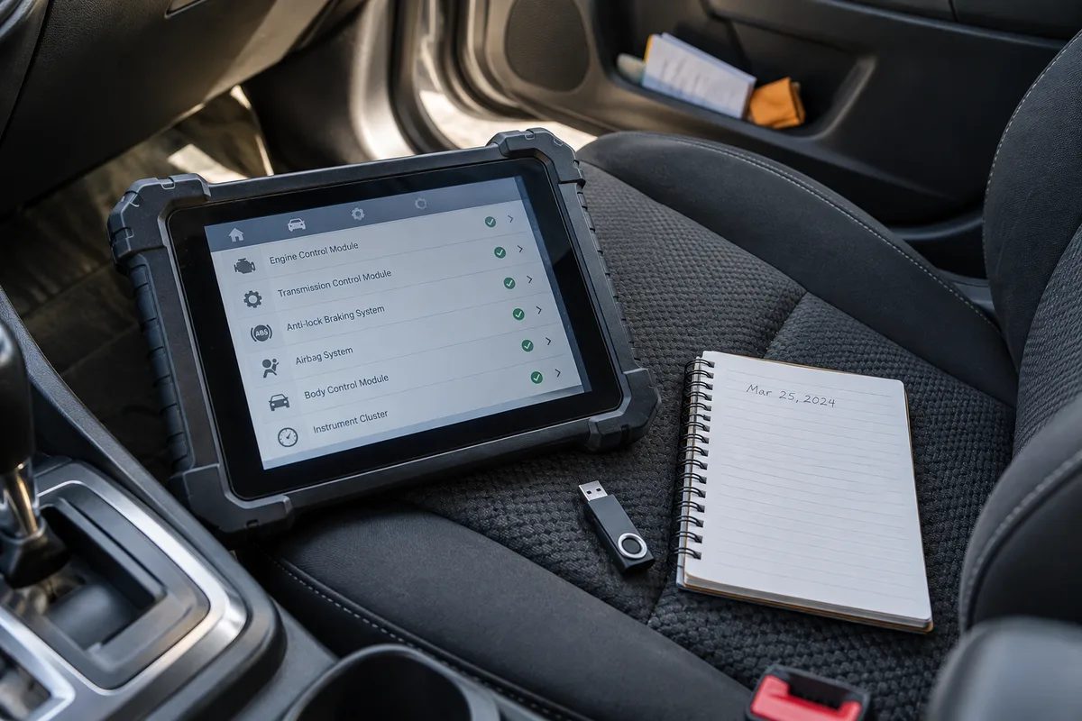 Tablette de diagnostic et carnet sur le siège d'une voiture à l'arrêt