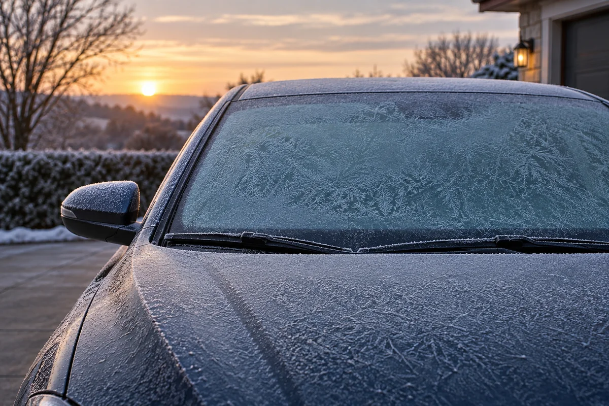 Du givre sur le pare-brise d’une voiture garée