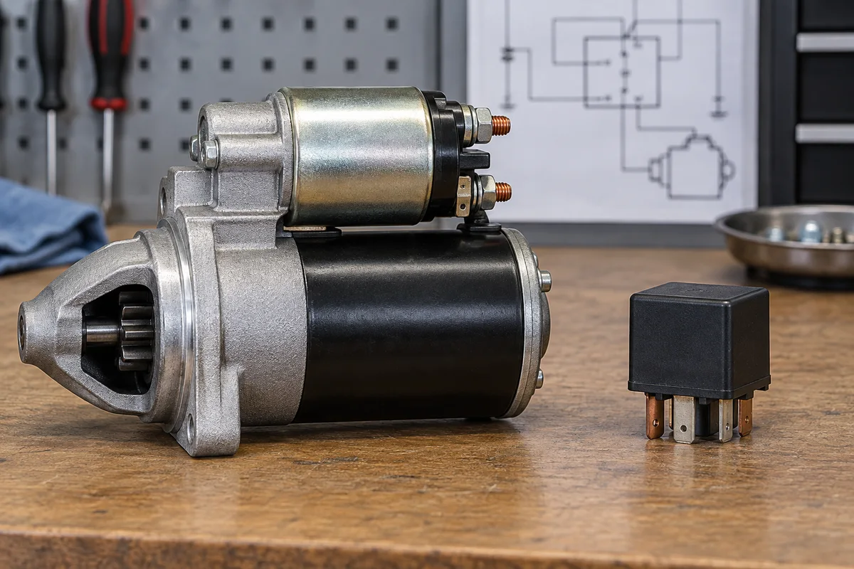 A starter solenoid and an ignition relay on a workbench