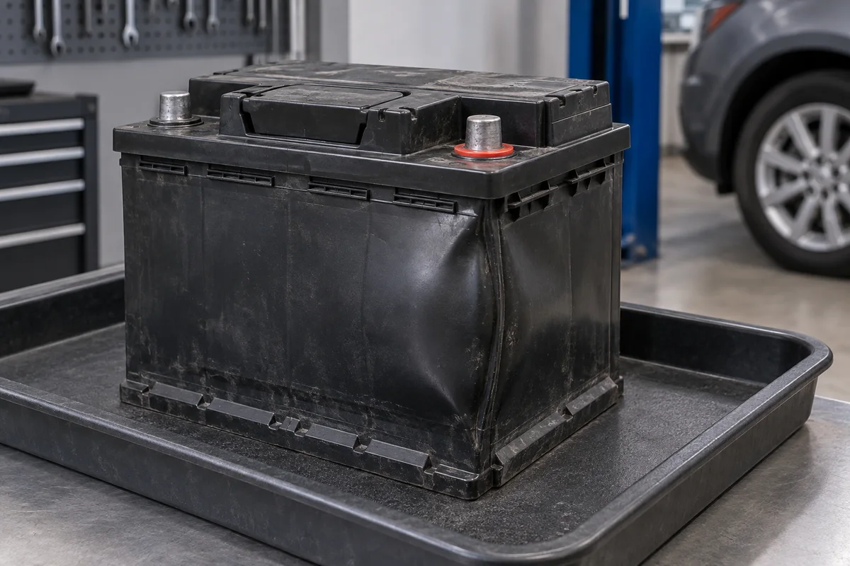 Une batterie déformée isolée sur un bac d’atelier