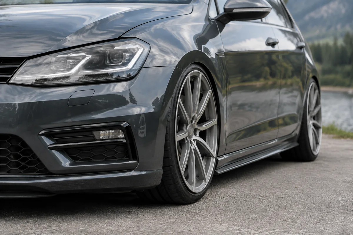 Détail de roue et carrosserie d’une voiture modifiée