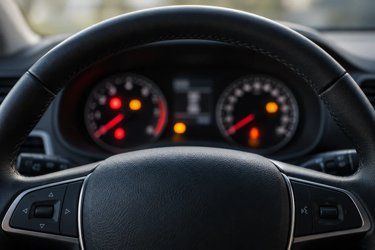 Des lumières rouges et orange derrière un volant