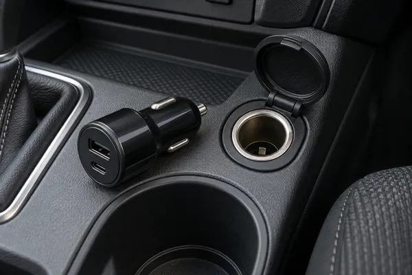 Un chargeur débranché près d’une prise accessoire vide dans une voiture