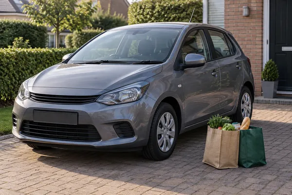 Une voiture garée près de sacs de courses