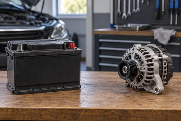 Une batterie et un alternateur séparés sur un établi