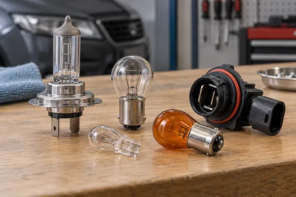Des ampoules automobiles et un porte-ampoule sur un établi