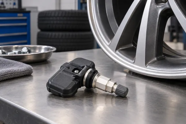 Un capteur de pression et sa valve près d’une jante