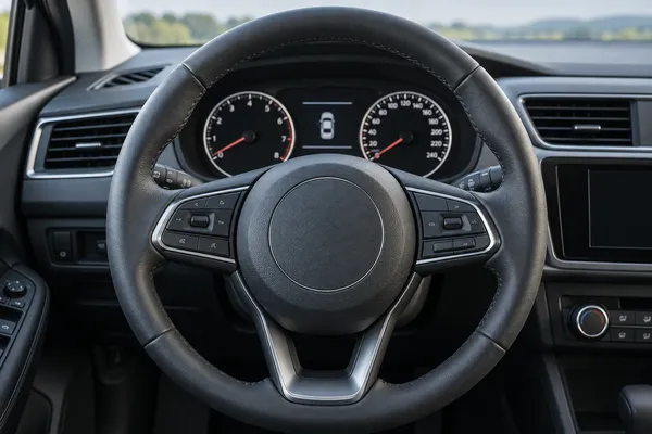 Un volant et sa colonne dans une voiture à l’arrêt