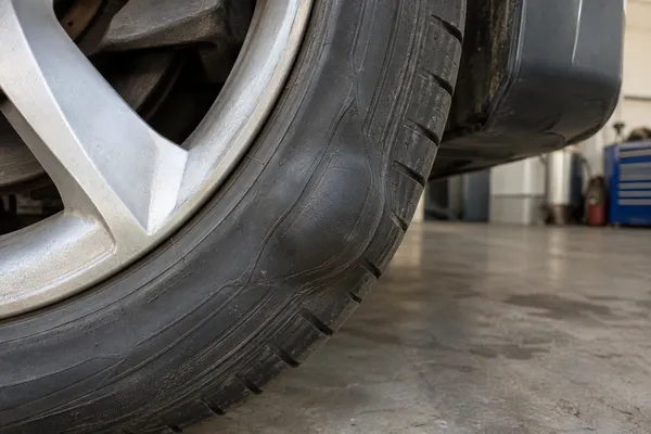 Une hernie ressort du flanc d’un pneu de voiture immobilisée.