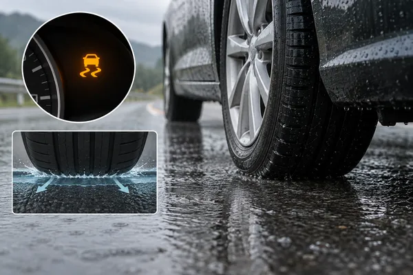 Un pneu de voiture sur une chaussée mouillée
