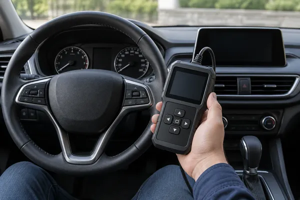 Un lecteur de diagnostic près du volant d’une voiture à l’arrêt