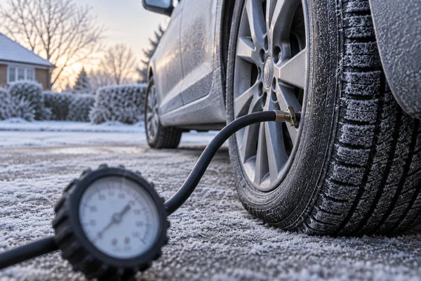 Un manomètre raccordé à un pneu froid
