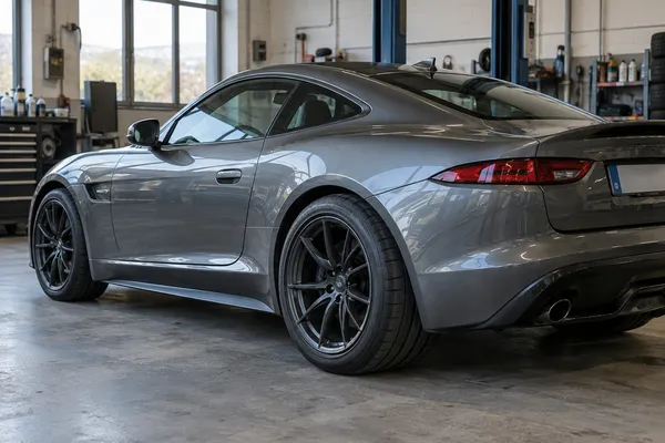 Les roues avant et arrière d’une voiture sportive garée en atelier.