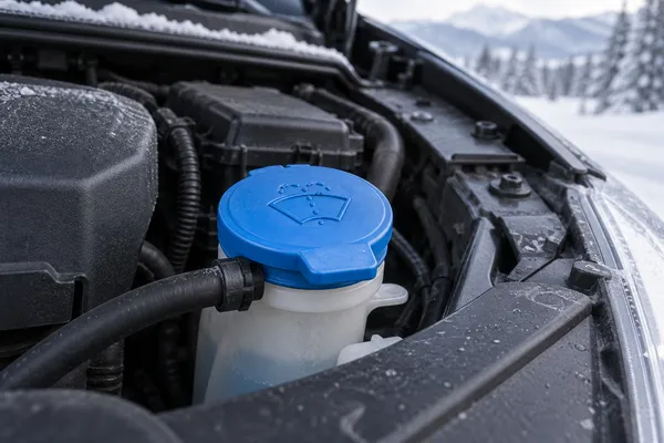 Un bouchon bleu de lave-glace fermé sous le capot